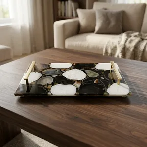 Handmade <b>Black</b> Agate Stone Serving Tray with Gold Metal Handles Rectangular Decorative Kitchen Coffee Table Home Display Decor - Product Image 4