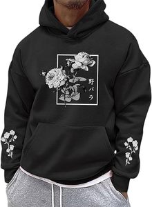 เสื้อฮู้ดพิมพ์ลายดอกไม้สีดำสำหรับผู้ชาย ทรงโอเวอร์ไซส์ ผ้าฝ้ายถัก สวมใส่สบายๆ ในฤดูใบไม้ร่วง มีกระเป๋า ดีไซน์โลโก้ด้านหน้า เสื้อฮู้ดผู้ชาย - Product Image 2