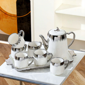 Juego de Té de Porcelana Europea de Lujo, Tazas, Tetera, Bandeja, Blanco con Borde Dorado y Plateado, Resistente a la Decoloración, Libre de BPA, Ecológico - Product Image 2