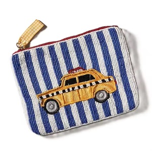 Beaded Cotton Coin <b>Purse</b> Blue White Stripes Embroidered Taxi Car Zipper Closure Mini Size Handmade Unisex Vintage Style CRYSTAL - Product Image 1