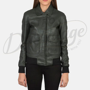Women's <b>Leather</b> Women Dark Green <b>Real</b> <b>Leather</b> <b>Jacket</b> Shirt Collar Slim Fit Premium Cow Skin Casual Winter Bomber Style Outerwear - Product Image 2