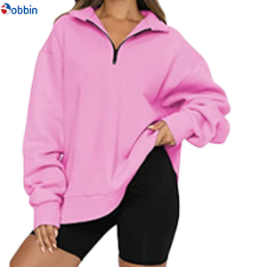Customizable Style <b>Women's</b> Oversized <b>White</b> Half-Zip <b>Sweatshirt</b> Stand Collar Drop-Shoulder Long Sleeve Solid Color Knitted - Product Image 2