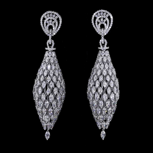 Boucles d'oreilles pendantes de luxe en diamant marquise, plaqué or blanc rhodié, diamants de laboratoire, pour mariée - Product Image 1