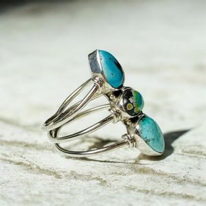 Natural Turquoise <b>Ring</b>, Turquoise Gemstone <b>Ring</b>, 925 Sterling Silver <b>Ring</b>, <b>Adjustable</b> Silver <b>Ring</b>, Three Stone <b>Ring</b>, Handmade Tu - Product Image 2
