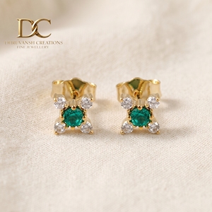 Designer Jewelry 14KT Solid Yellow Gold Lab Grown Diamond and Colombian <b>Emerald</b> <b>Stud</b> <b>Earring</b> Round Cut IGI Certified for Women's - Product Image 3