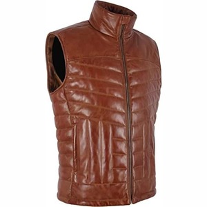 Men Brown <b>Quilted</b> Puffer Genuine Leather Vest <b>Winter</b> Waistcoat - Product Image 2