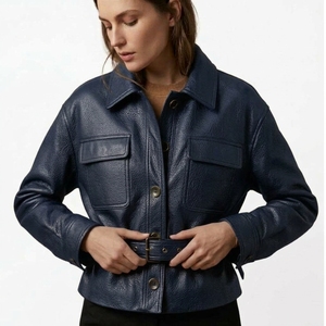 Chaqueta Bomber de Piel de Oveja Genuina para Mujer, Cuello Camisero, Manga Larga, con Cinturón, Estilo Motociclista, para Invierno - Product Image 2