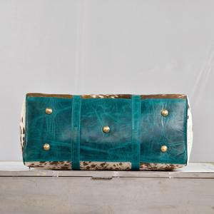 Bolsa de lona de cuero vacuno con asas turquesa y cierre de cremallera, bolsa de viaje de gran capacidad para fin de semana - Product Image 4