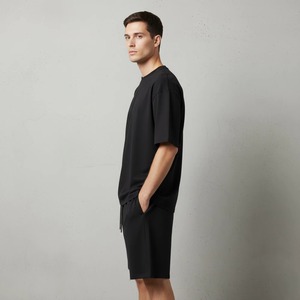 Conjunto de Camiseta y Pantalones Cortos Negros para Hombre, Cuello Redondo, Corte Holgado, Color Sólido, Algodón Transpirable, Ropa Casual para Todas las Temporadas - Product Image 5