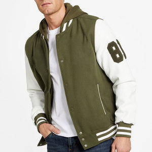 Veste varsity en toile premium pour homme |   Blouson bomber en polaire vert olive et blanc contrastant avec manches contrastées, style streetwear - Product Image 4