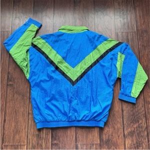 Unisex Blue Green Color Blocking <b>Track</b> <b>Jacket</b> Full Sleeve Crew Neck <b>Vintage</b> Style 100% Nylon Lightweight Waterproof Summer Wear - Product Image 3