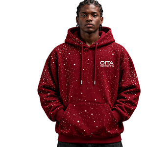 Burgundy <b>White</b> Speckled Print <b>Men</b> Pullover Hoodie Oversized Fleece <b>Sweatshirt</b> Drawstring Hood Kangaroo Pocket Casual Wear - Product Image 1