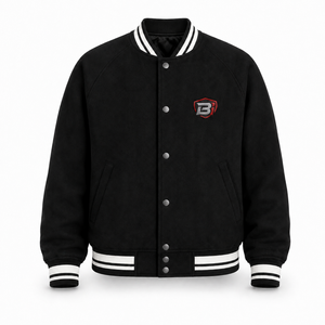 Veste bomber varsity noire pour homme avec logo personnalisé OEM, boutons pression brodés, style universitaire, avec bordure côtelée rayée - Product Image 1