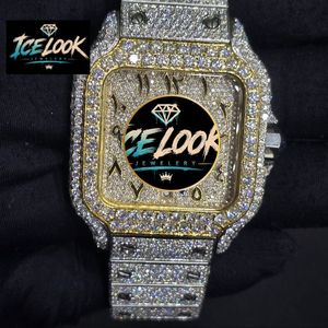 Reloj mecánico Ice Look con esfera cuadrada, incrustaciones de cristal, tono dorado, tono plateado, reloj falso para ropa de calle - Product Image 1