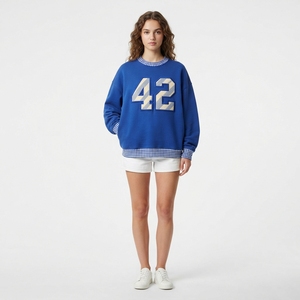 Sweat-shirt bleu surdimensionné pour femme de qualité supérieure avec appliqué numéro 42, poignets à carreaux, col rond, manches longues, vêtements décontractés d'automne - Product Image 1