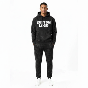 Custom Logo Black Acid Wash Tracksuit <b>Men</b> Heavyweight Fleece Hoodie and <b>Jogger</b> Set Streetwear Premium Vintage Black Acid Wash - Product Image 1