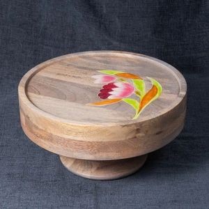 Natural Mango Wood Handmade <b>Cake</b> <b>Stand</b> with Printing Round Shape Eco-Friendly & Non-Toxic for Home Commercial Use by Curio Craft - Product Image 1