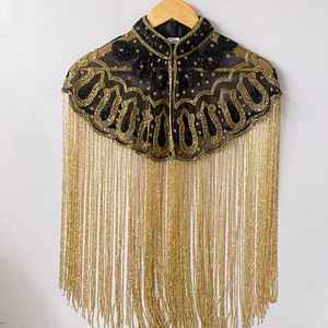 Cape de luxe noire et or à franges perlées à la main pour femme, veste d'épaule brodée de créateur pour mariée et soirée, vente en gros - Product Image 1