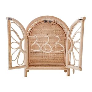 Handmade Natural Rattan Doll Wardrobe with Floral Wing Doors <b>Miniature</b> Clothing Closet with Hangers Sustainable Boho Toy Decor - Product Image 2