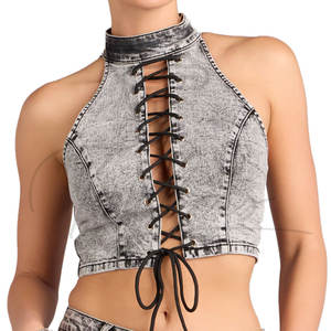 Top Corto de Mezclilla para Mujer, Lavado Claro, Corte Ajustado, Cierre de Botones, Verano, Venta al Por Mayor, Logotipo Personalizado - Product Image 1