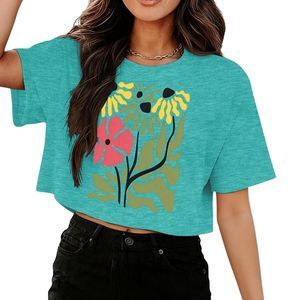 T-shirt personnalisé moderne vert sarcelle à motif floral, prix usine, en pur coton jersey léger, col rond, manches courtes, respirant, coupe courte - Product Image 3