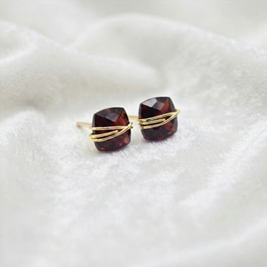 Handmade Geometric <b>Cushion</b> Cut Dyed Ruby Wire Wrapped Stud Earrings Dainty Jewelry in 18K Gold Plated - Product Image 2