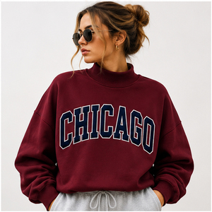 Custom Chicago Turtleneck Sweatshirt 350GSM Heavyweight Fleece College Campus Game Day Outfits <b>Chenille</b> Patchwork <b>Jumper</b> - Product Image 2