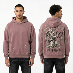 Sudadera con Capucha Vintage Lavada Morado Malva, Oversize Desgastada, para Hombre, con Estampado Gráfico de Ángel 'Street Romance', Sudadera Personalizada - Product Image 1