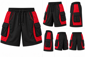 <b>Mens</b> <b>Black</b> Red Cargo <b>Shorts</b> with Elastic Waist Side Pockets Breathable Polyester/Cotton for Training Casual Wear & Outdoor Use - Product Image 4