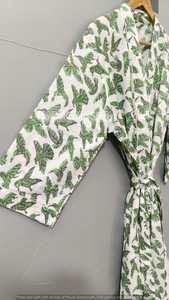 Bata Larga de Invierno para Mujer, 100% Algodón, Suave, con Estampado de Hojas Verdes, Sin Cuello, Manga Larga, Cierre con Cordón, Ropa de Dormir Informal - Product Image 2
