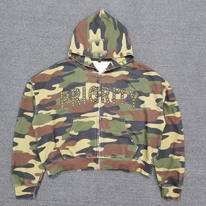 Sudadera con Capucha Corta de Algodón Pesado con Lavado Ácido, Diseño Camuflaje Vintage Personalizado, Pedrería de Alta Calidad y Efecto Desgastado para Hombre - Product Image 1