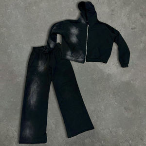 Men's Tracksuit <b>Cropped</b> Acid Wash Oversized Full <b>Zip</b> <b>up</b> Hoodie and Sweatpants for Men - Product Image 4