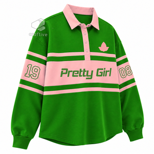 Alpha | Kapa | Alpha <b>Women's</b> Striped Pique <b>Rugby</b> Shirt Color Block Long Sleeve Polo Collar Pullover Embroidered Graphic <b>Top</b> - Product Image 2