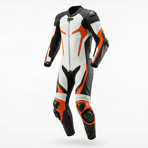 Traje de Motociclismo de Manga Larga para Hombre, Diseño en Bloques de Color Negro, Blanco y Naranja, Transpirable, de Cuero, Protección para Todas las Estaciones - Product Image 4