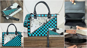 Sacs fourre-tout de luxe personnalisés en cuir de vachette à carreaux, grande capacité, avec portefeuille-bracelet, ensemble assorti pour femme - Product Image 2