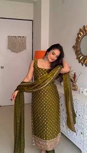 Traje Moderno de Fiesta con Top, Pantalón y Dupatta, en Seda Fandy con Bordado de Lentejuelas, de Secado Rápido para Todas las Temporadas - Product Image 6