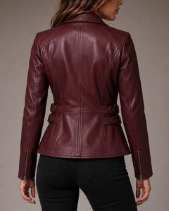 Chaqueta de Motociclista de Cuero Sintético Color Borgoña, Cuello Camisero, Cierre con Cinturón, Corte Ajustado, Largo Regular, Color Sólido, Unisex, para Otoño - Product Image 3