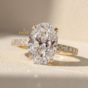 Bague de fiançailles élégante en or jaune 14 carats massif avec diamant ovale de laboratoire, style pavé, pour femme, idéale pour mariage, fête ou demande en mariage - Product Image 2