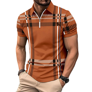 T-shirt décontracté pour homme en coton épais respirant, à manches courtes, imprimé à carreaux bleus, avec fermeture éclair sur le devant, taille 3XL - Product Image 2