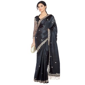 Sari de satén negro bordado para fiestas con blusa para eventos de cóctel - Product Image 2