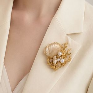 Ocean Gold Pin with Coral Branch and Round Pearls for Women Luxury Beach Party Jewelry Seashell Brooch - Product Image 1