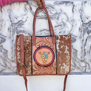 Beautiful New Designer Hand Tooled Carving Leather Tote <b>Bag</b> Stylish Purse Cowhide Fur Leather <b>Bags</b> for Women's Multi Use - Product Image 1