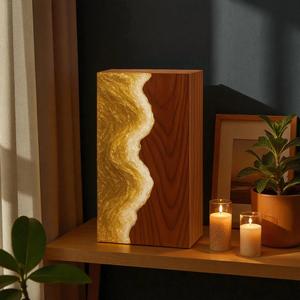 Urna Funeraria de Resina Dorada con Diseño de Olas, Caja Conmemorativa Artesanal de Madera de Palisandro para Cenizas Humanas, Tamaño Mediano 9x5.5 - Product Image 1