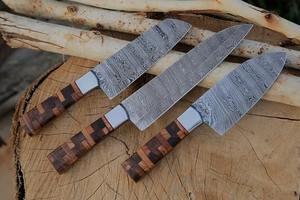 Ensemble de 3 couteaux de cuisine professionnels en acier Damas forgé à la main, manche en bois, support OEM/ODM, personnalisable, faibles MOQ - Product Image 4