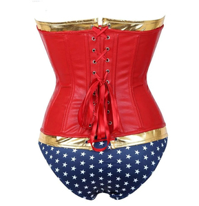 Corset en cuir PU rouge avec garniture dorée et motif étoile, culotte gainante pour femme, bustier à maintien ferme - Product Image 6