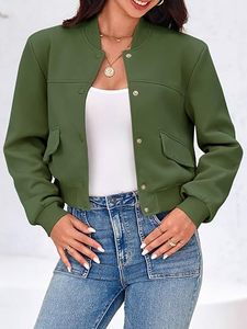 Chaqueta Bomber Verde para Mujer, Color Sólido, Cuello Alto, Manga Larga, Cierre de Botones, Ropa Exterior Informal, Bolsillo con Parche, Material de Poliéster - Product Image 2