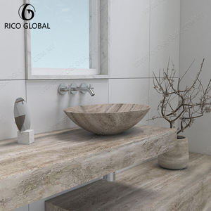 อ่างล้างหน้าทรงรี RICO GLOBAL Oval Travertine แบบวางบนเคาน์เตอร์ ทำจากหินธรรมชาติขัดเงา สไตล์มินิมอลสำหรับห้องน้ำ - Product Image 4