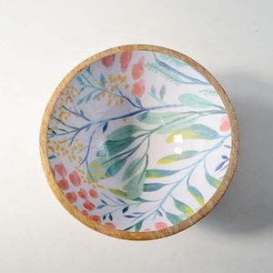 Bol en bois d'acacia émaillé fait main avec motif floral bohème, feuilles bleues et jaunes, pour servir les aliments ou offrir en cadeau - Product Image 6