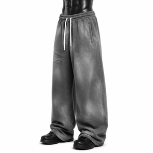 Pantalon de jogging déchiré gris délavé en polyester pour homme, taille haute, cordon de serrage, décontracté, poches latérales, tricoté mi-lourd, automne - Product Image 2