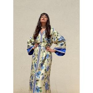 Beautiful Traditional Summer Floor-Length Silk <b>Kaftan</b> Printed Floral Motifs Blue Lining V-neckline Collar Wrinkle-Free Party - Product Image 3
